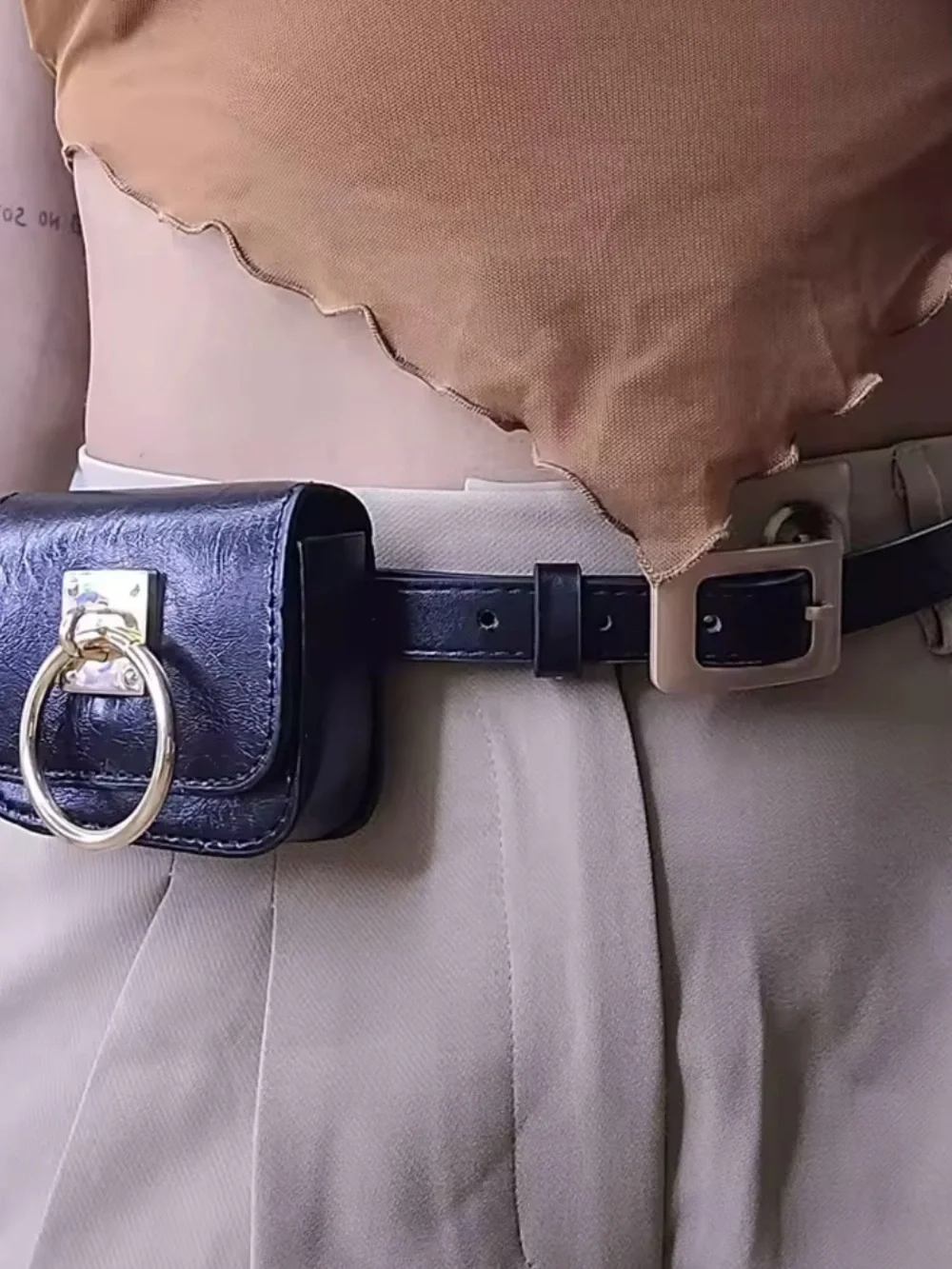 Luxury Black Leather Belt Bag with Gold Ring Hardware